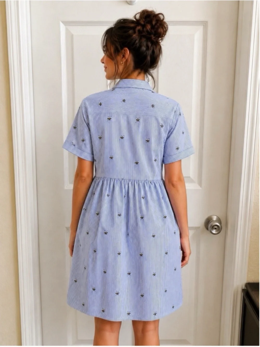 Kate Spade 🔥 Blue Striped Ruffle-Front Shirt Dress W Bumblebee 🐝 Print